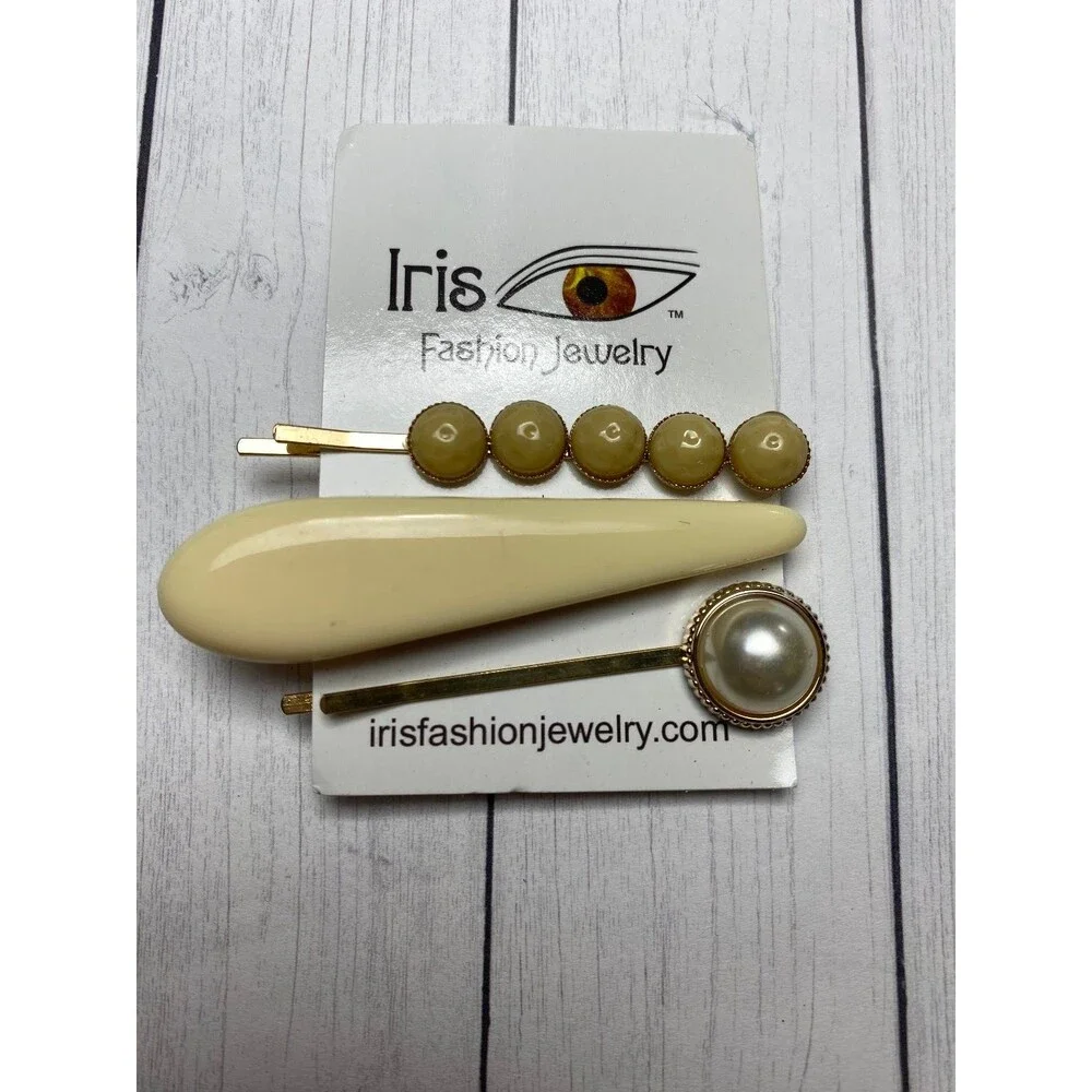Iris Fashion Jewelry Hair Clip Set Pearl Beige Gold Tone Bobby Pins